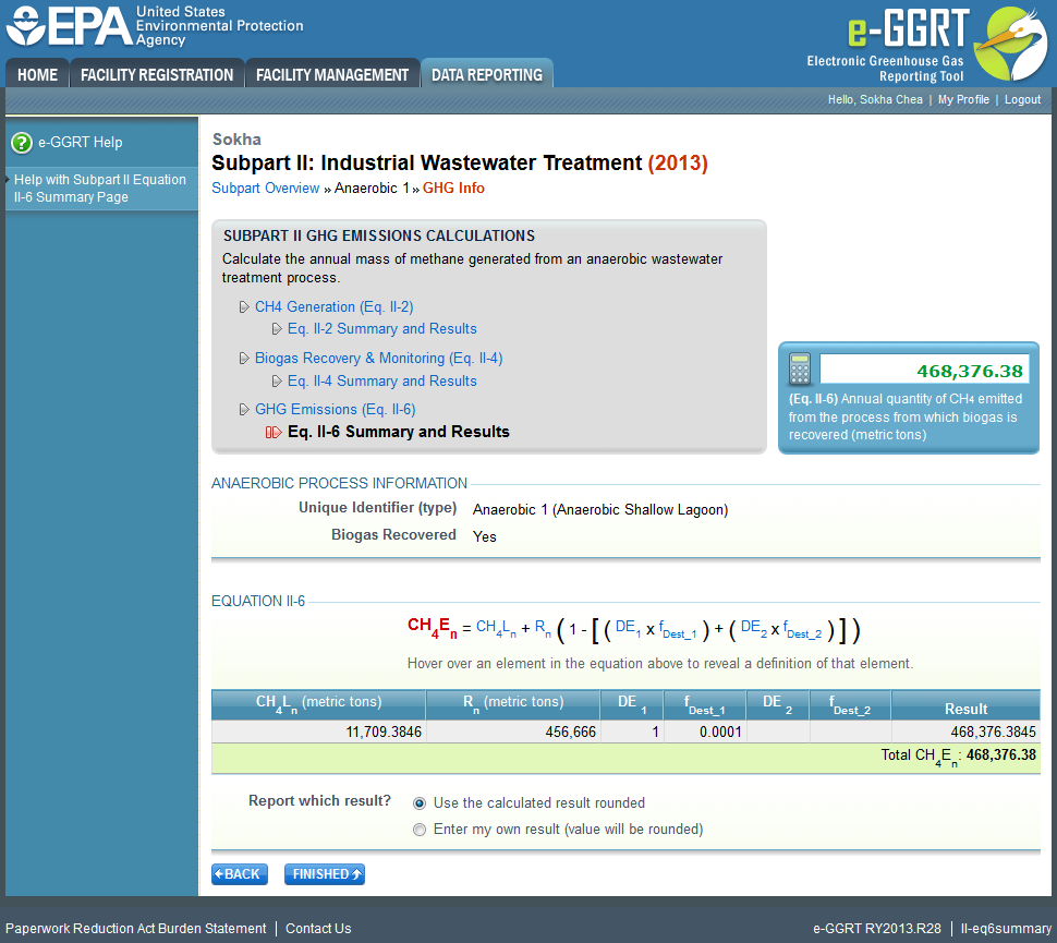 Subpart II: Equation II-6 with data entries